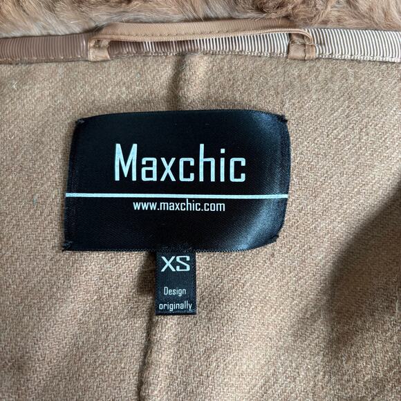 Maxchic Tan Camel Wool Cashmere Coat Rex Rabbit Oversized Collar XS Wrap Style - Picture 13 of 15